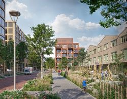 De Glaslaan met in het midden blok 2 en rechts de eengezinswoningen